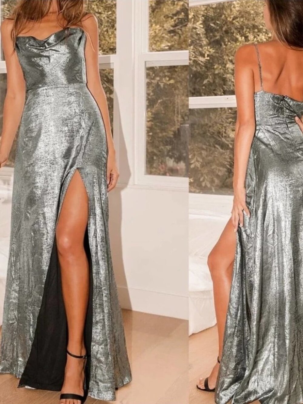 NWT Lulus Shining Just For You Silver Metallic Maxi Dress Gown Full Length S